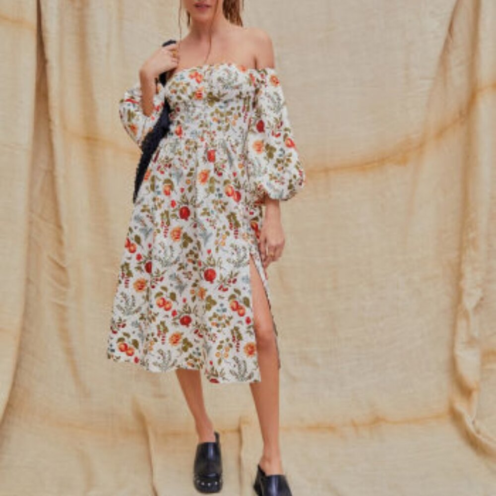 Fruit & Floral Off-shoulder Slit Maxi Dress